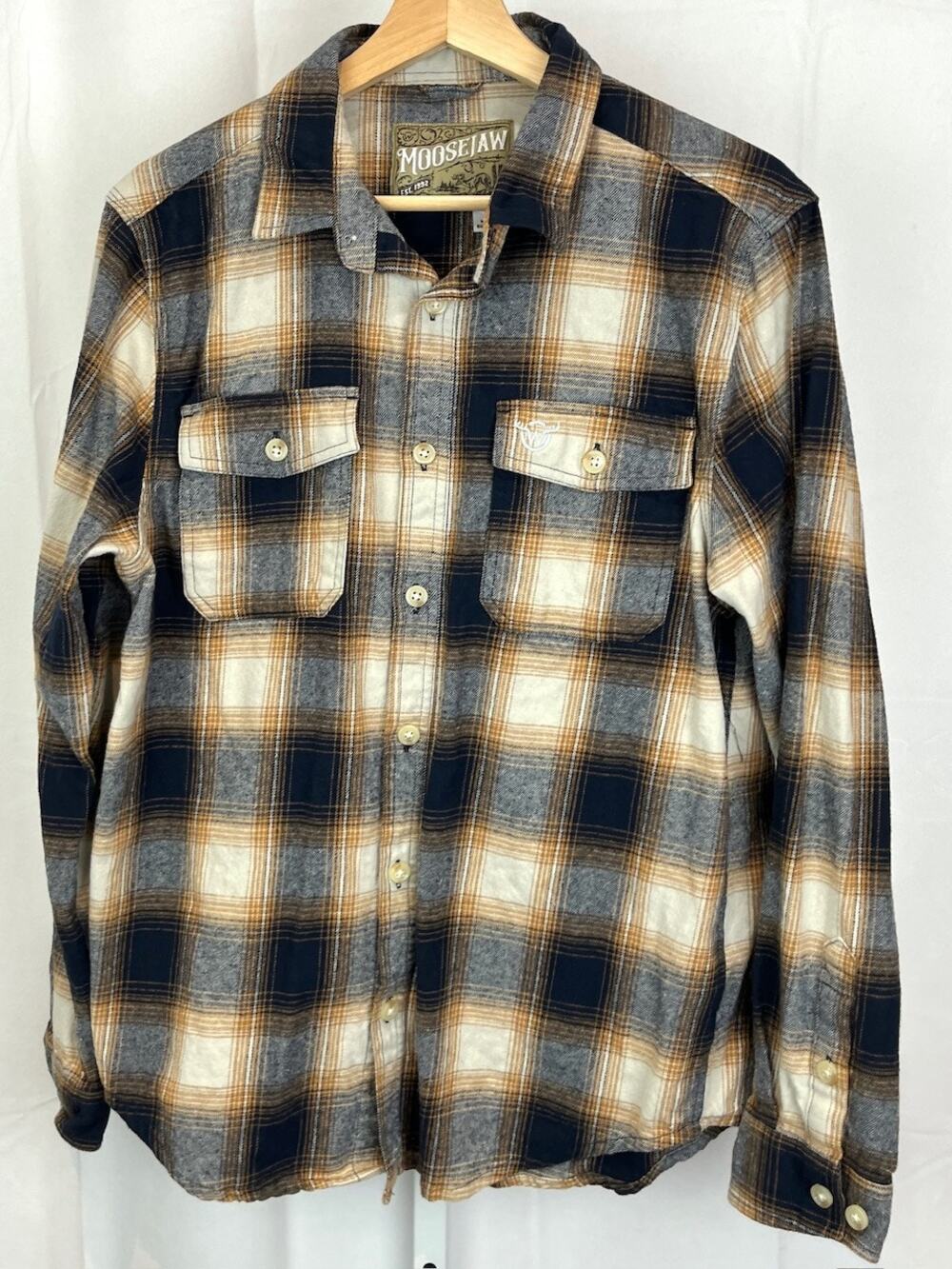 MOOSEJAW Size M Plaid Button Down Shirt Organic Cotton Flannel Blue Tan